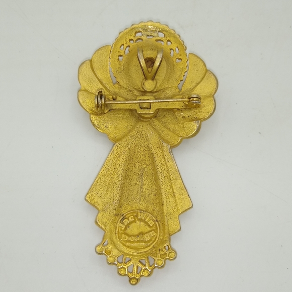 Jac Win Design Gold Tone Angel Bow Brooch Pendant w Pearl Accent Signed Vintage - Picture 6 of 11